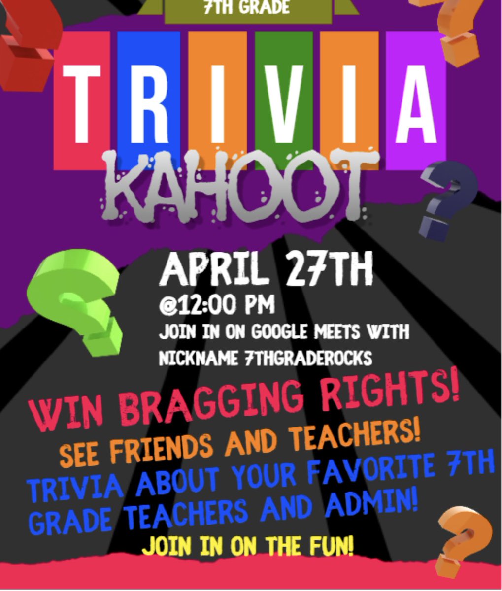 Grade 7 What’s Up👀 Join us virtually for a Kahoot Trivia Game ! #LMSRoars but #Grade7Rocks! <a href="/BMurray_LMS/">Barbara Murray</a> <a href="/FrazierWorks/">Wanda Frazier</a> <a href="/MrDunlapLead/">Frank Dunlap</a> <a href="/LansdowneMS/">Lansdowne Middle</a>