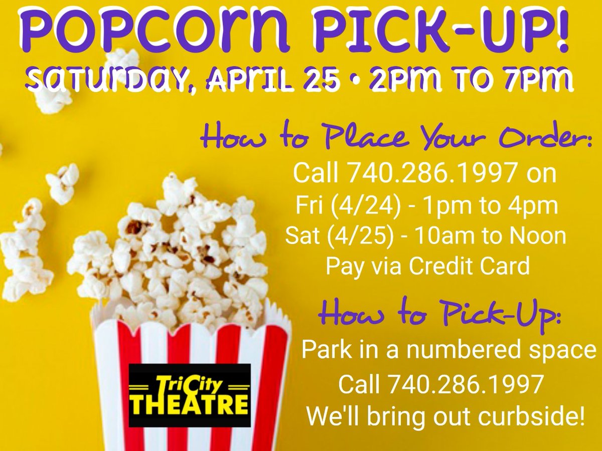 tricitytheatre's tweet photo. Popcorn Pick-Up Saturday! Get dets here: https://t.co/fBel7wTq10
#TriCity4 #PopcornPickUp #PopcornMissedMe #IMissedPopcorn https://t.co/tLFa2qBZXY