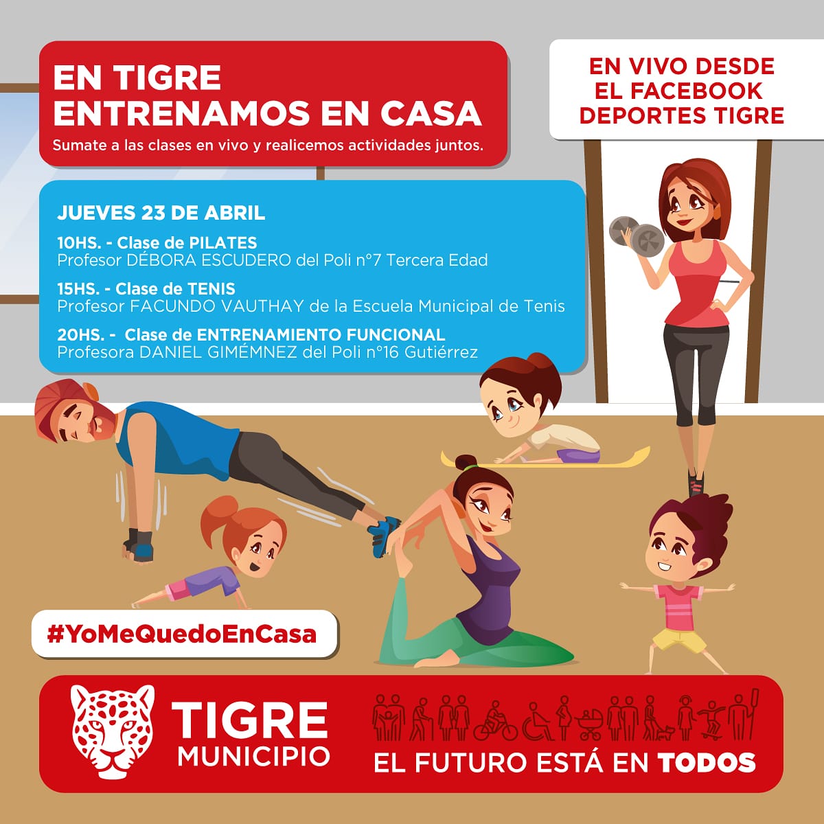 EN TIGRE ENTRENAMOS EN CASA
No te quedes sin tomar las clases en vivo dictadas por los profesores de todos los Polideportivos
Vamos a cuidarnos entre todos quedándonos en casa y continuando con los entrenamientos
#QuedateEnCasa 
#ElFuturoEstáEnTodos 
<a href="/MunicipioTigre/">Municipio de Tigre</a> <a href="/ZamoraJulio/">Julio Zamora</a>