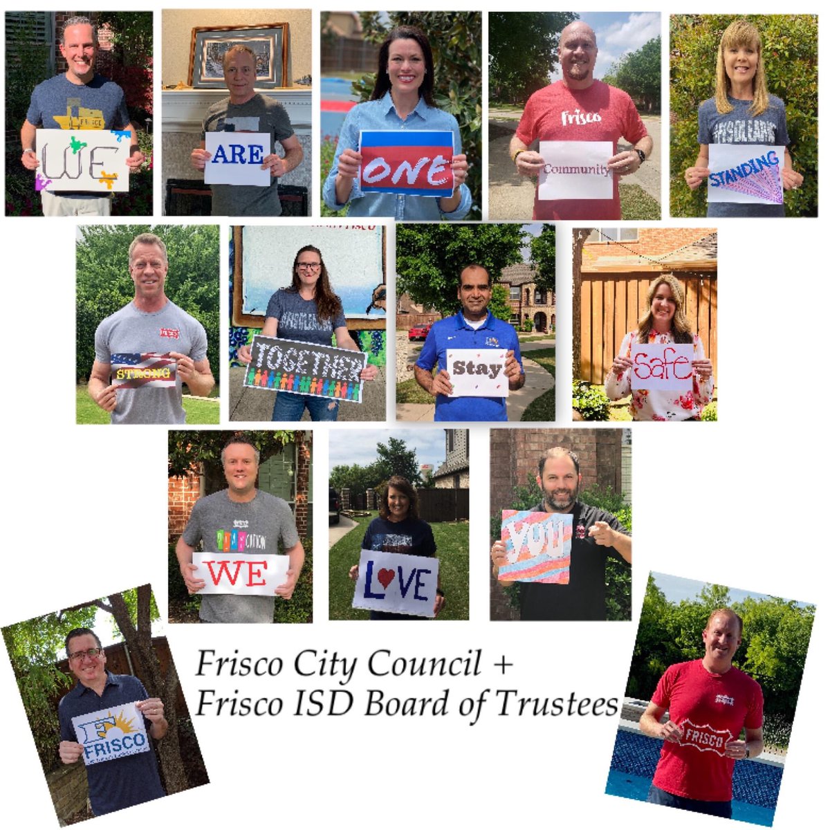 Vote_For_Tim's tweet photo. We are one community standing strong together! Stay Safe! We love YOU!

I, along with the rest of the Frisco City Council and the Frisco ISD Board of Trustees, wanted to let YOU know that we are all in this together. We’ll get through this and together we will be stronger! https://t.co/zunq0uHxEO