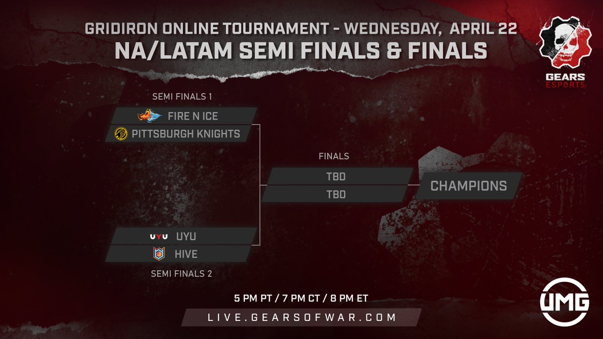 Here we go!

NA/LATAM Gridiron Semi finals 1: @FireNIceEsports vs. <a href="/KnightsGG/">KNIGHTS</a> 

NA/LATAM Gridiron Semi finals 2: <a href="/UYU/">UYU</a> vs. <a href="/Hive_gg/">Hive 🐝</a> 

Tune in at live.gearsofwar.com to complete your Stained weapon set and check-in for the Wyvern Snub!