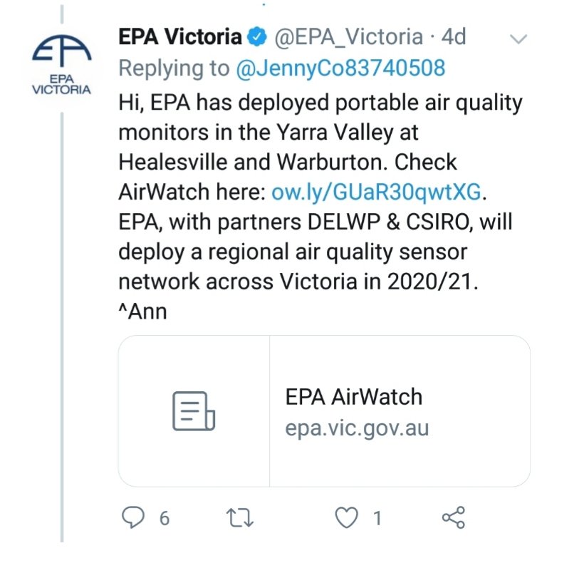 It was only after a public outcry during the burning season this year that the EPA decided to monitor air pollution levels in the Yarra Valley, which was being heavily affected by burn offs (both logging and fuel reduction).