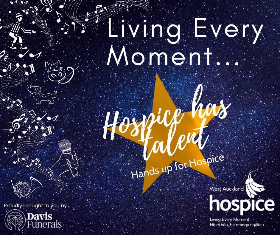 Celebrate living every moment in your lockdown #bubble by entering our Hospice Has Talent competition now. We are fun-raising, not fundraising. To be won 1st prize $500, 2nd prize $250 or 3rd prize $150. Click here for T&amp;C’s bit.ly/3aw11s3 #Hospicehastalent #lockdownnz