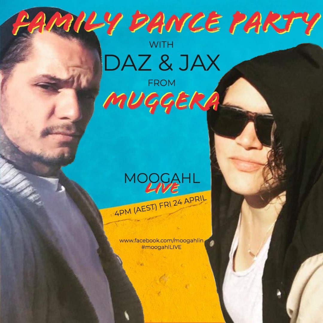 ✨ Fri 24 April 4pm (AEST) big and li'l kids alike are invited to join Daz &amp; Jax of Muggera for a Friday arvo dance party! A fun and relaxed workshop (no experience necessary) that is guaranteed to be a laugh for the whole family! 👣😂

#moogahlLIVE 
facebook.com/moogahlin/live/