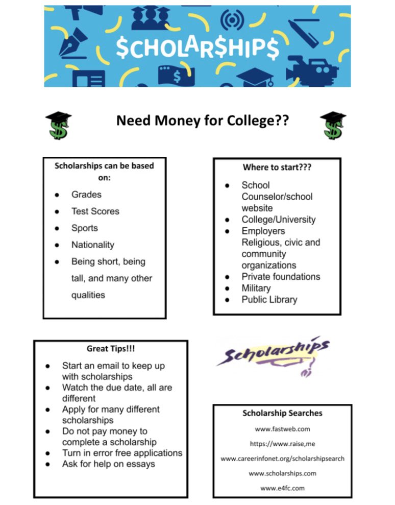 N_CARETN's tweet photo. Still looking for some scholarships to help pay for college? Here are some helpful tips and scholarship websites to search! #scholarships #fastweb #raiseme #e4fc https://t.co/qnHrTmwFJN