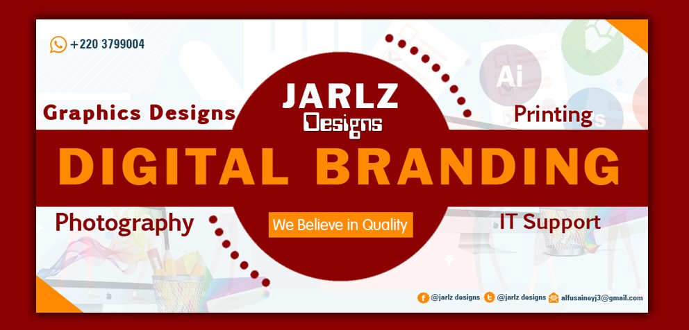 What we do as a company

Extra services....
Website development 
Social media and digital marketing.

For more info...
WhatsApp / call +22 3799004
alfusaineyj3@outlook.com 
jarlzdesigns.org
