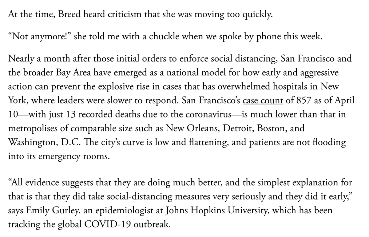 2/ SF: 1233 cases, up 2(!). Hospitalizd pts flat. 21 deaths in SF, up 1 in last wk. Nice piece  @TheAtlantic on SF’s success in Crushing the Curve  https://bit.ly/3apa7Xj  Below, reaction when  @LondonBreed banned crowds (early March), canceling  @warriors hoops. Gutsy & life-saving.