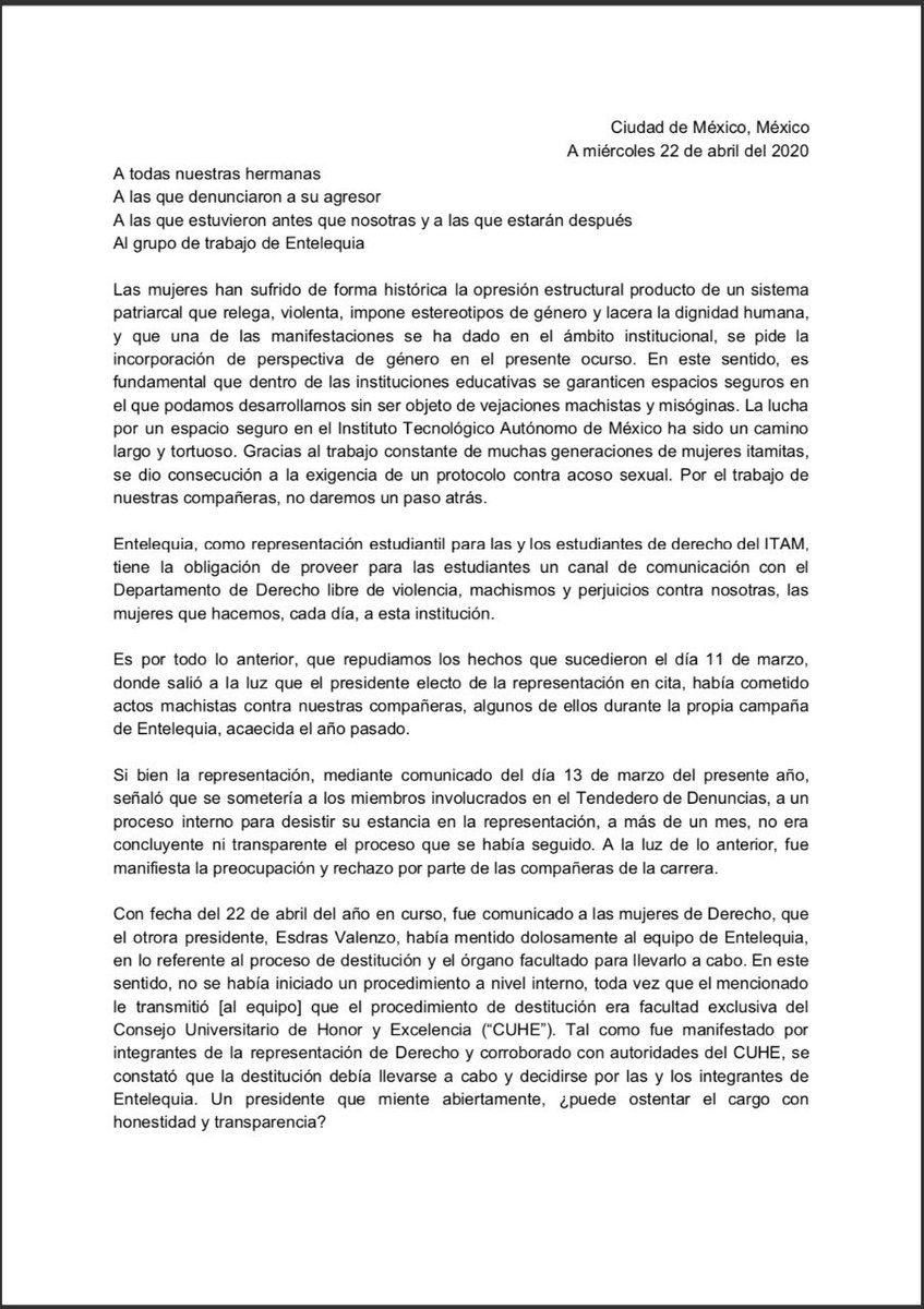 abogadasITAM's tweet photo. COMUNICADO: las mujeres organizadas de derecho no toleraremos que se normalicen y pasen por alto las denuncias de nuestras compañeras ¡Exigimos espacios seguros! Ccp.  @cuheitam @sofiacharvel @ITAM_mx @entlq_derecho https://t.co/apmlS7dNSO
