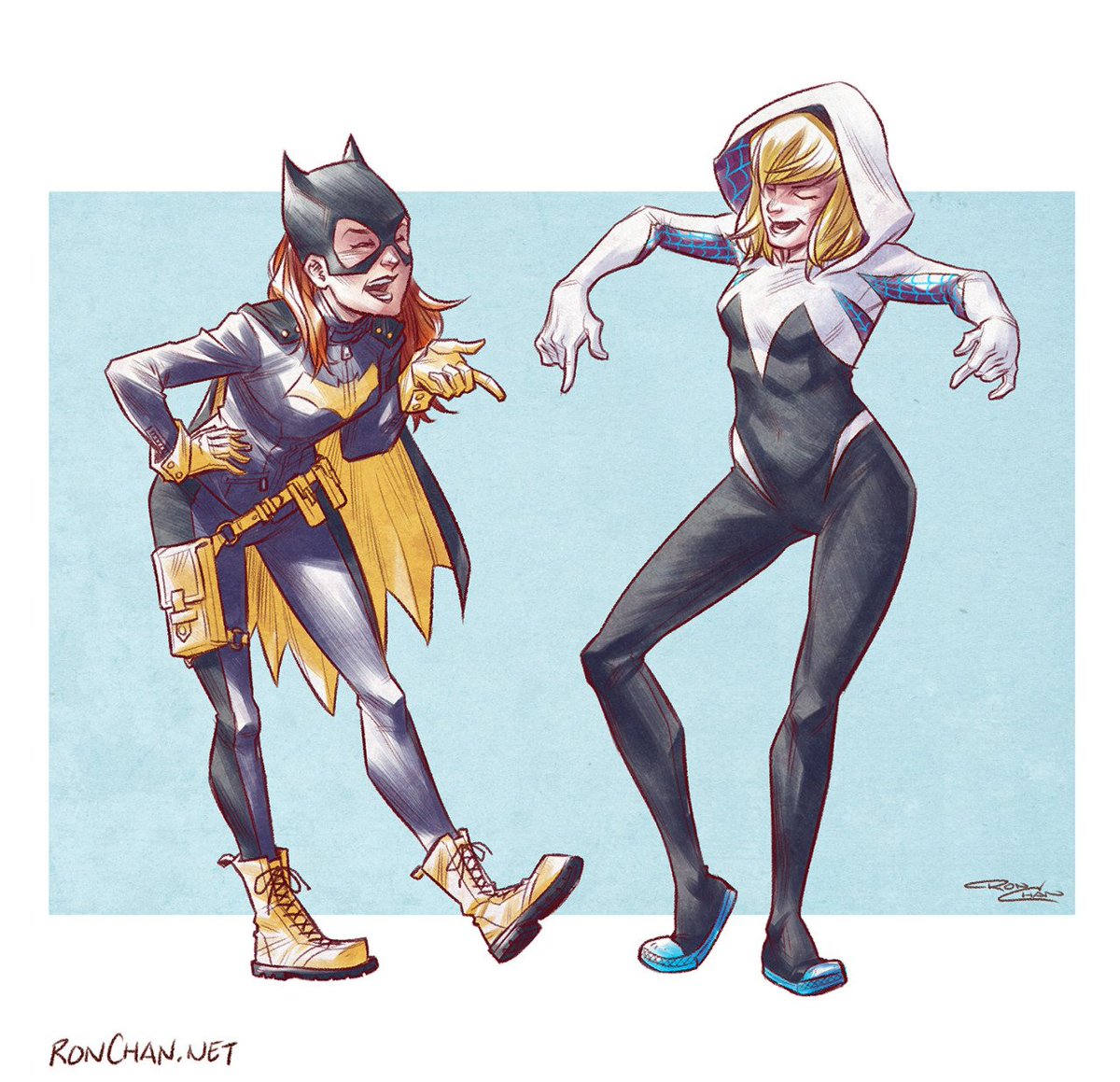 Trace of Batgirl (Barbara Gordon) and Spider-Gwen/Ghost-Spider (Gwen Stacey)Original Artist Credit: Ron Chan  @rondanchanPrint and colour in for free from link  http://fav.me/ddvf8zf SHOW ME YOU COLOURS!!!