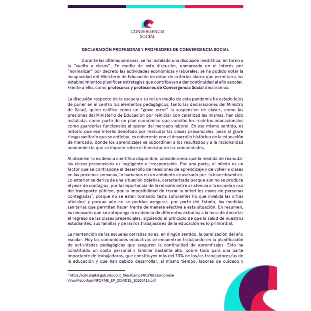 ProfesCs's tweet photo. 🚨Declaración Pública profesoras y profesores de Convergencia Social ante "vuelta a clases" 

#CrisisEducativa #Covid19 #ComunidadEducativa #súmatealaconvergenciasocial https://t.co/ysl7zzPjBu