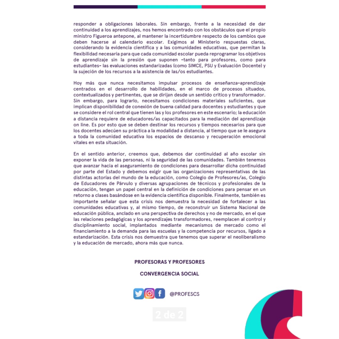 ProfesCs's tweet photo. 🚨Declaración Pública profesoras y profesores de Convergencia Social ante "vuelta a clases" 

#CrisisEducativa #Covid19 #ComunidadEducativa #súmatealaconvergenciasocial https://t.co/ysl7zzPjBu