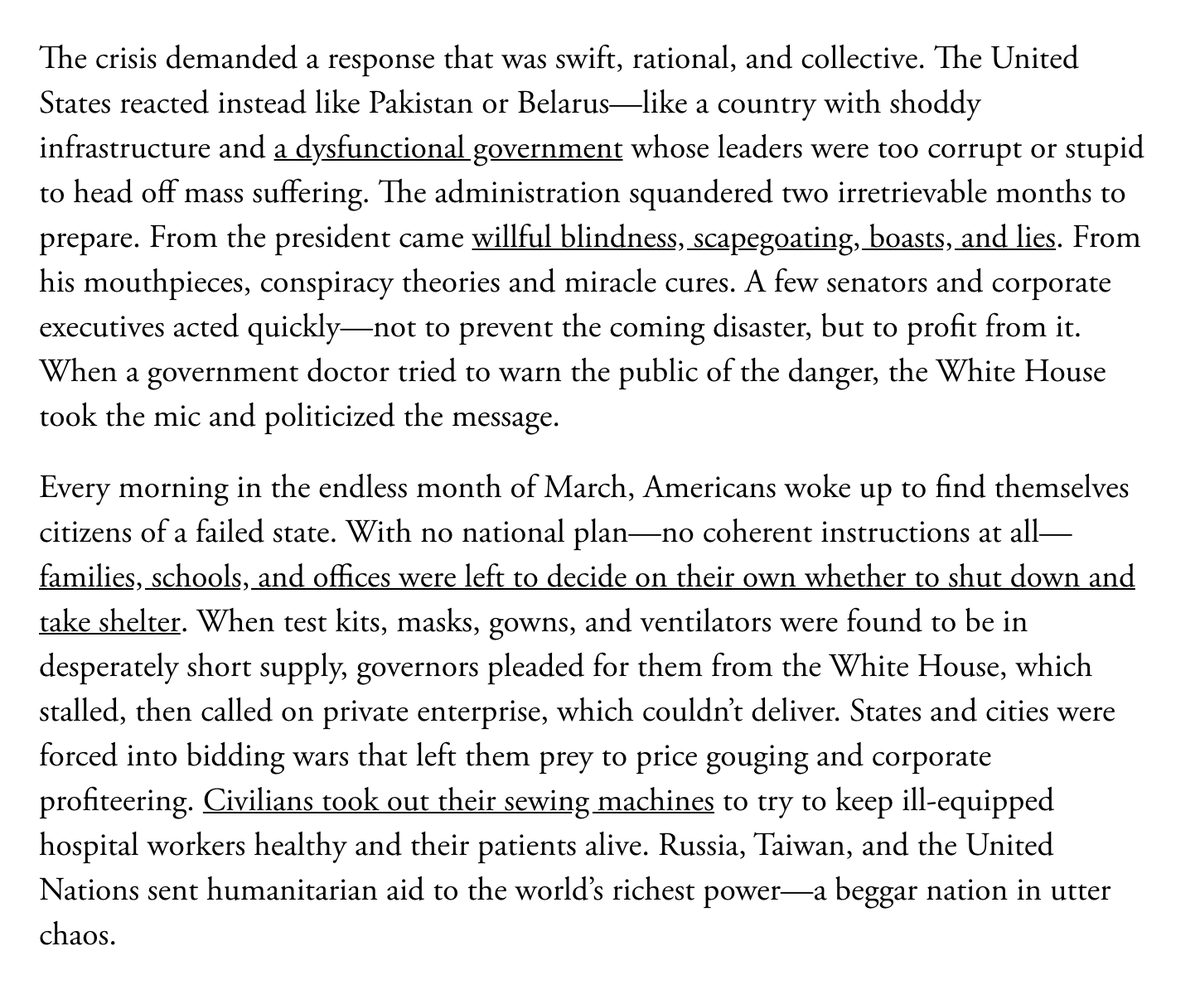 5/ Contrast stories of response in Asia w/ George Packer’s brutal piece  @TheAtlantic on how Covid exposed America’s “failed state”  https://bit.ly/3aAHMh3  “It should force a question,” he writes, “… Are we still capable of self-government?” Depressing but essential read.