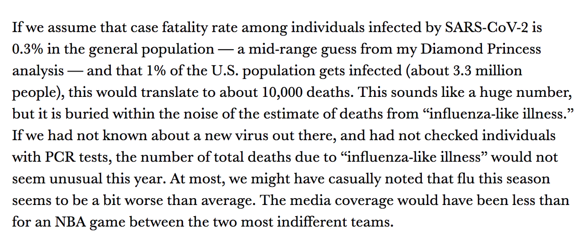 9/ …but Kolata piece violates journalistic norms, w/ 4 quotes from John Ioannidis (a coauthor & one who has downplayed Covid from start [see  https://bit.ly/2KmFZRQ  & below, from his 3/17 piece, in which he projects 10K U.S. deaths]), & not a single quote from a critic.