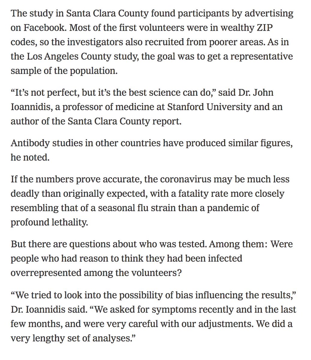 10/ Relevant sections of  @ginakolata piece  https://nyti.ms/3bt6Uaw  below, w/ 4 self-serving quotes from Ioannidis. Surprising and disappointing for  @NYTScience – this is lazy reporting.