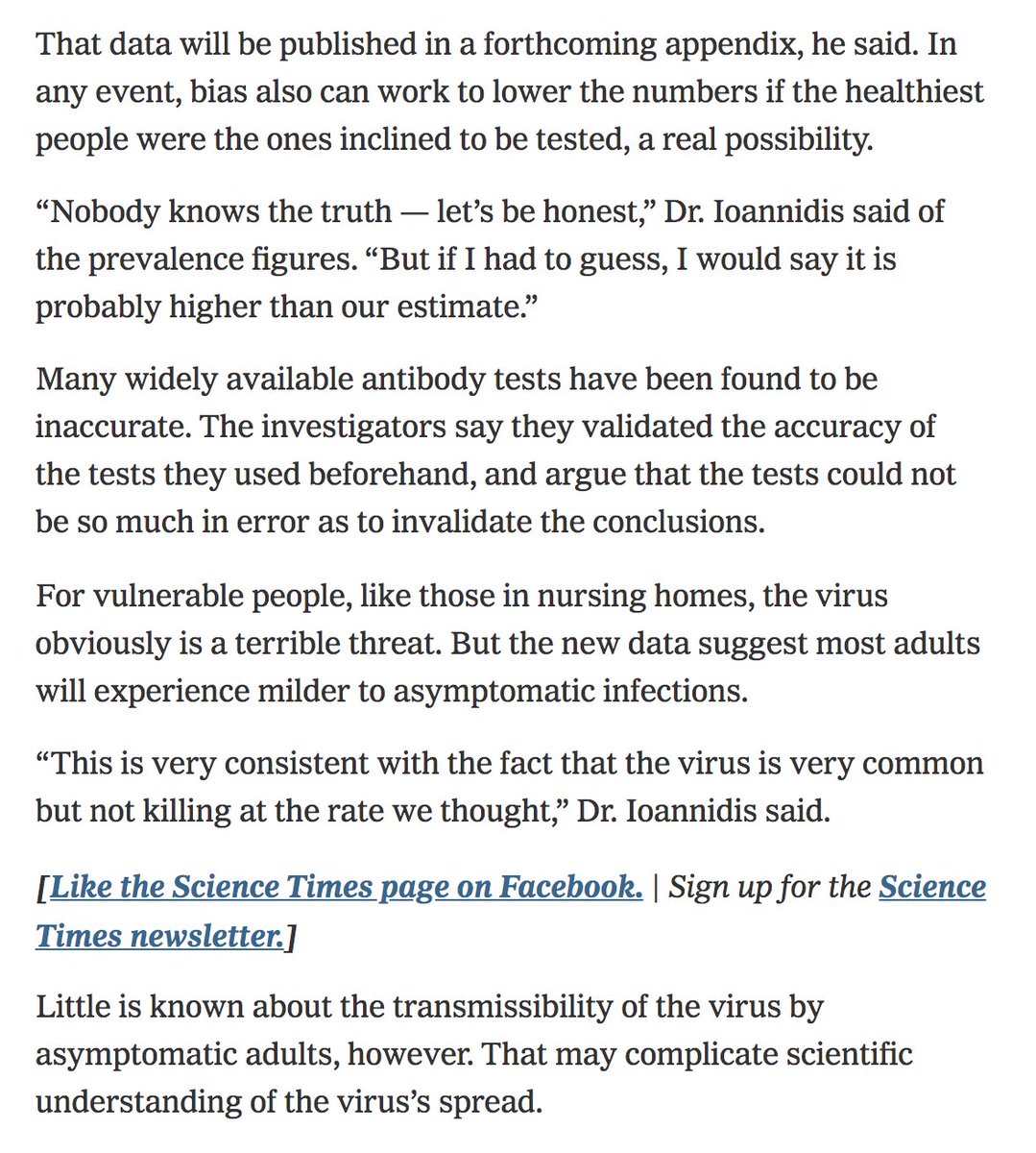 10/ Relevant sections of  @ginakolata piece  https://nyti.ms/3bt6Uaw  below, w/ 4 self-serving quotes from Ioannidis. Surprising and disappointing for  @NYTScience – this is lazy reporting.