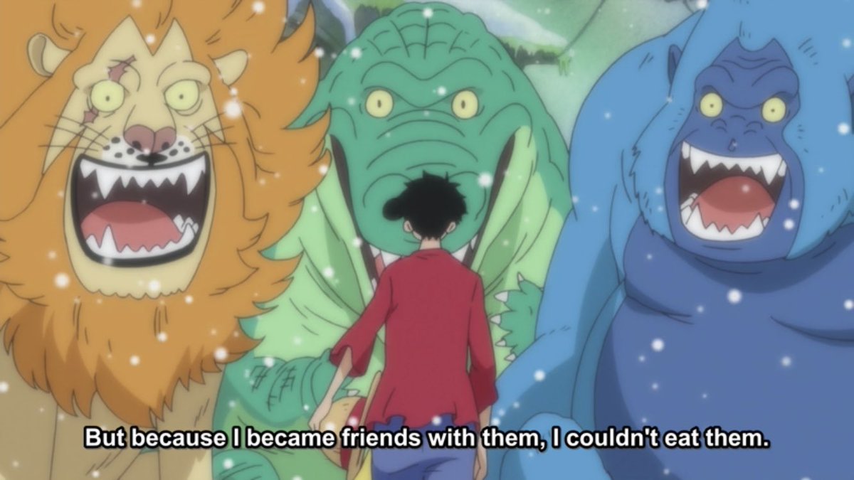 of course luffy befriended some of the giant animals 