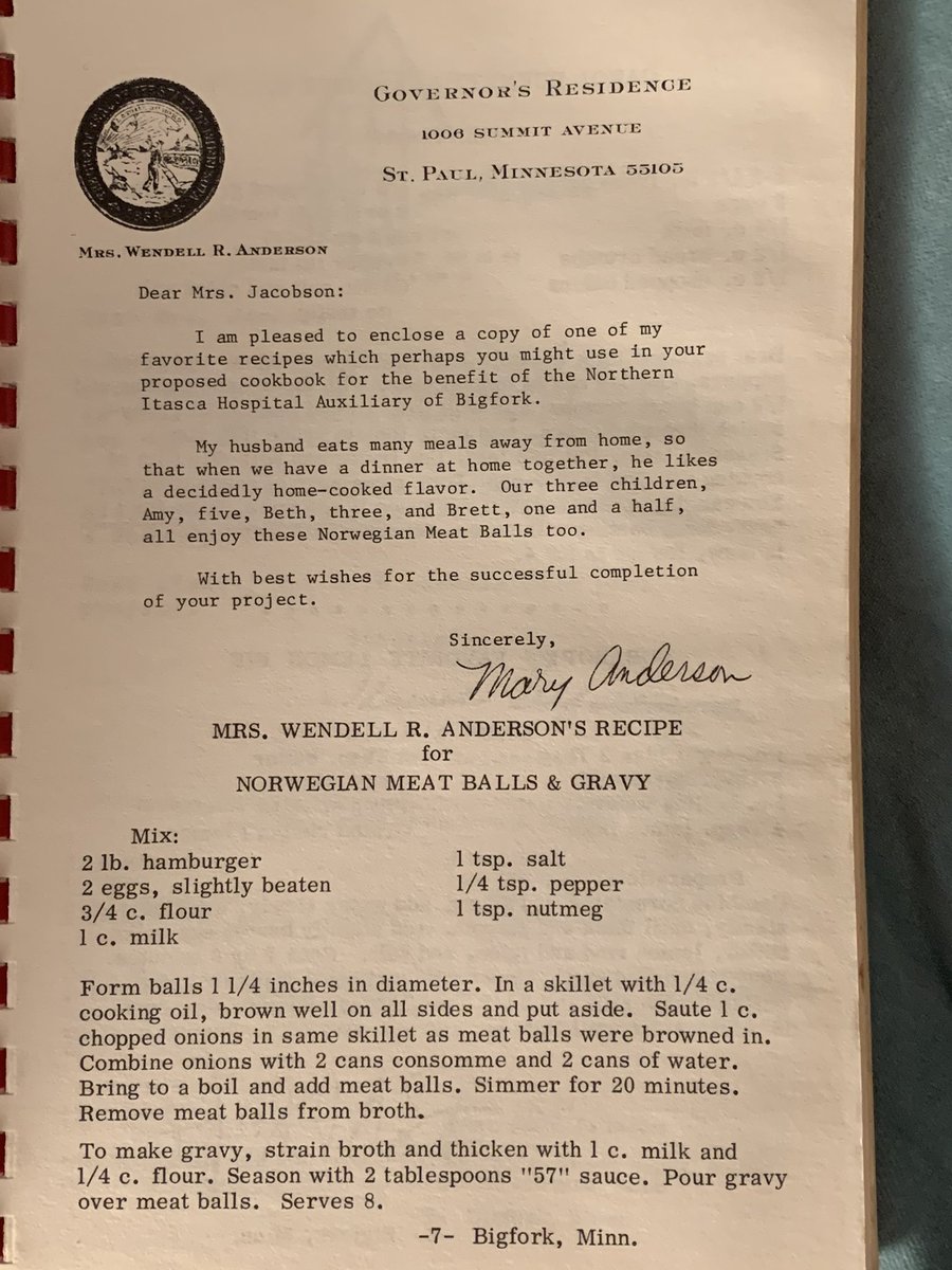 Mary Anderson - wife of Minnesota Gov. Wendell Anderson - shared a recipe for Norwegian meatballs...