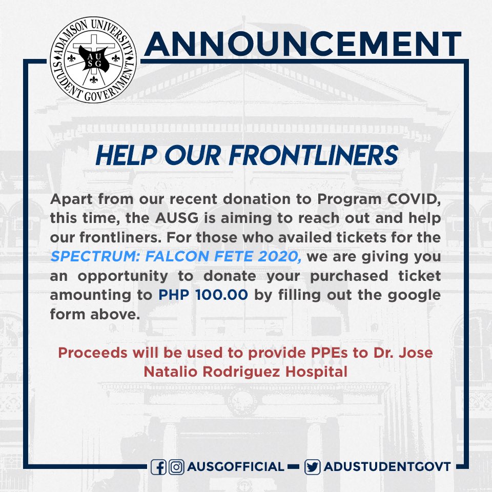 AdUStudentGovt's tweet photo. HELP OUR FRONTLINERS 🙏🏻

We are giving you an opportunity to contribute to an initiative that will surely help in saving a lot of lives. If you are interested kindly fill out this form below.

Link:
https://t.co/uwUDeMIoVJ

#UnitedWeSOAR https://t.co/nb0hmizF3O