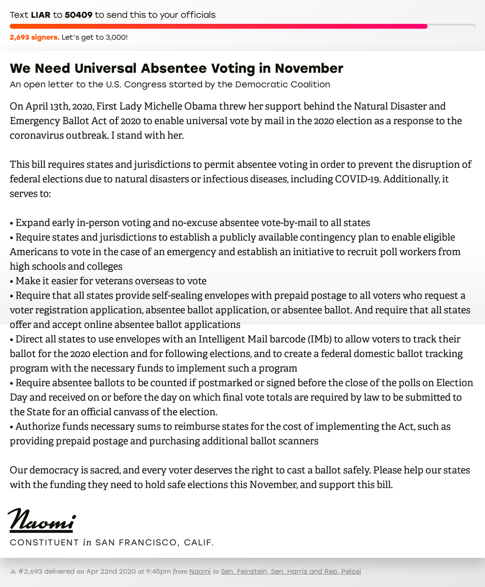 🖋 Support Naomi by signing “We Need Universal Absentee Voting in November” and I’ll deliver a copy to your officials too: x.com/messages/compo…

📨 Last delivered to <a href="/SenFeinstein/">Senator Dianne Feinstein</a>, @SenKamalaHarris and <a href="/SpeakerPelosi/">Nancy Pelosi</a> #CA12 #CApolitics #CApol #VoteByMail