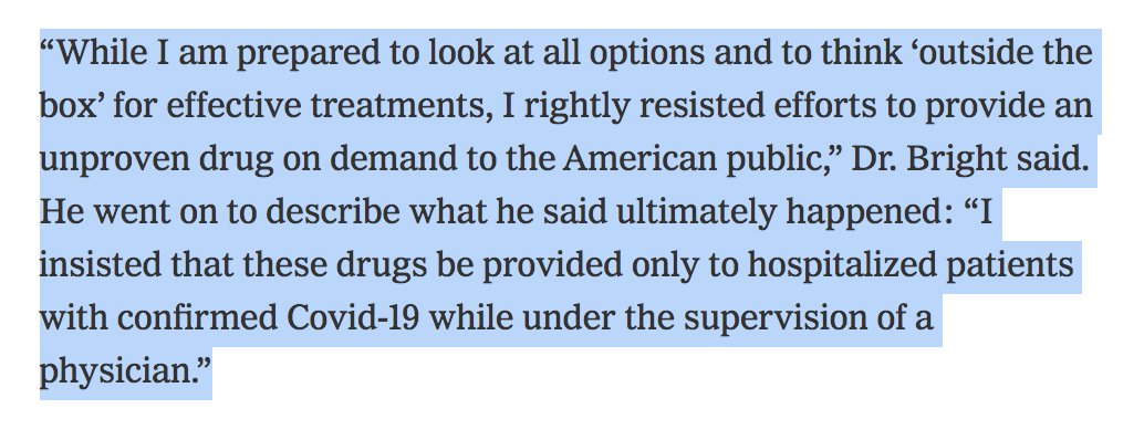 This "emergency" request to allow doctors to prescribe chloroquine is not mentioned in this  @maggieNYT- @shearm  @nytimes piece about Bright's ouster, though Bright seems to allude to it here: https://www.nytimes.com/2020/04/22/us/politics/rick-bright-trump-hydroxychloroquine.html