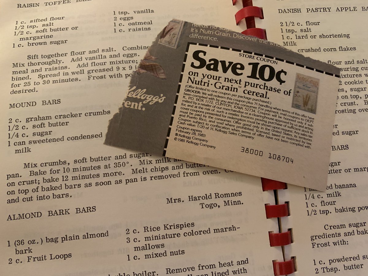 Added bonus from this cookbook - tucked inside, a clipped and saved 10-cents-off coupon for Nutri Grain cereal that expired in February 1983. Any recipe requests, let me know and I’ll look them up.