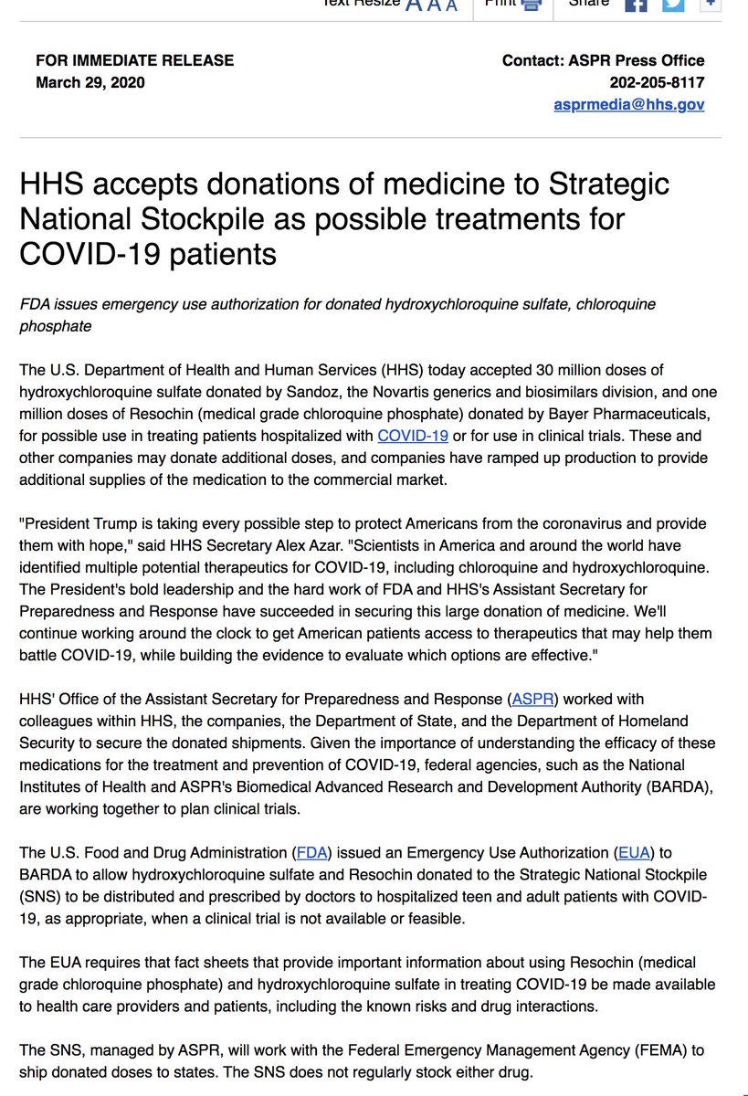 At the same time the FDA granted Bright's request, "HHS accepted [30 million doses of hydroxychloroquine sulfate] to Strategic National Stockpile as possible treatments for COVID-19 patients" https://www.hhs.gov/about/news/2020/03/29/hhs-accepts-donations-of-medicine-to-strategic-national-stockpile-as-possible-treatments-for-covid-19-patients.html