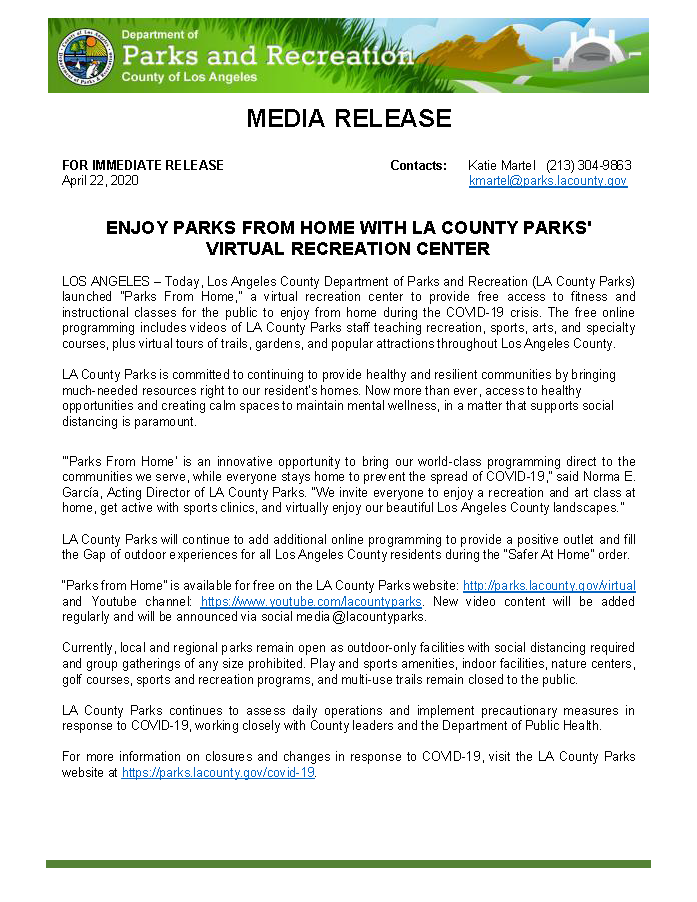 lacountyparks's tweet photo. 📣 EXCITING NEWS! Today #LACOUNTYPARKS launched #ParksFromHome  A new #virtual recreation center.  Explore our #free online recreational programming including 🥊⛳ 🎨💃🌻 from home and mobile devices. Check out the classes, tutorials, virtual tours &amp; more https://t.co/rJCFUmn6Wg. https://t.co/RlOTkEJCqx