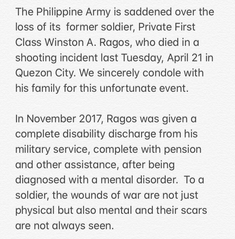 ANCALERTS's tweet photo. READ: The Philippine Army has ordered an investigation on the killing of former soldier Winston Ragos. | via @JervisManahan https://t.co/PNSXCPCPoh