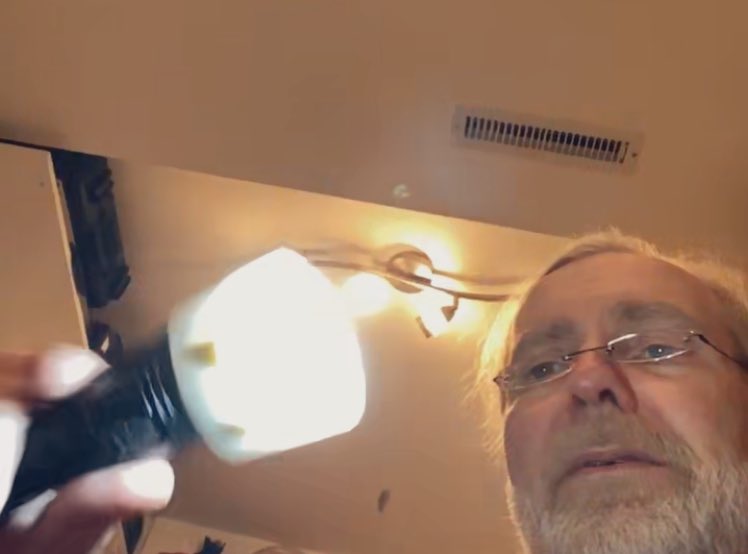 My dad needed a ring light to livestream, but he couldn’t get one. So he stuck a Tylenol bottle on his $70 flashlight, vice-gripped it to his monopod, and recorded with his iPhone.