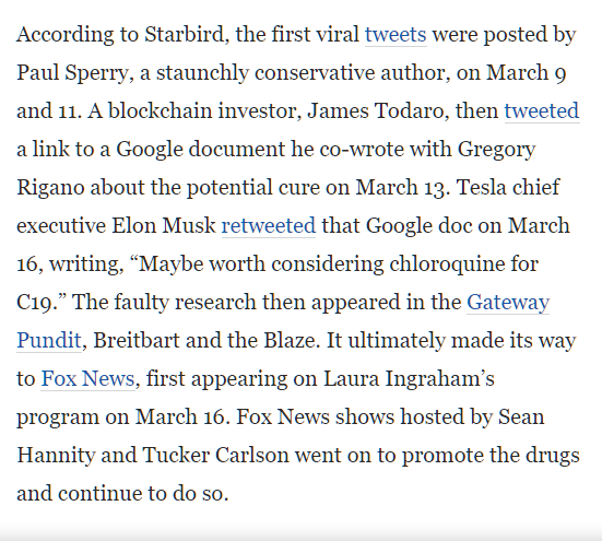 10) Okay I didn't know this part of the story... the way this HCQ idea was lobbed to people like Elon Musk and right-wing media was through some guys coming together on Twitter to write a Google Doc? Jeez...Image 1 via  https://washingtonpost.com/politics/2020/04/13/how-false-hope-spread-about-hydroxychloroquine-its-consequences/Image 2 via  https://politico.com/news/2020/04/07/twitter-thread-launched-trump-coronavirus-drug-170557