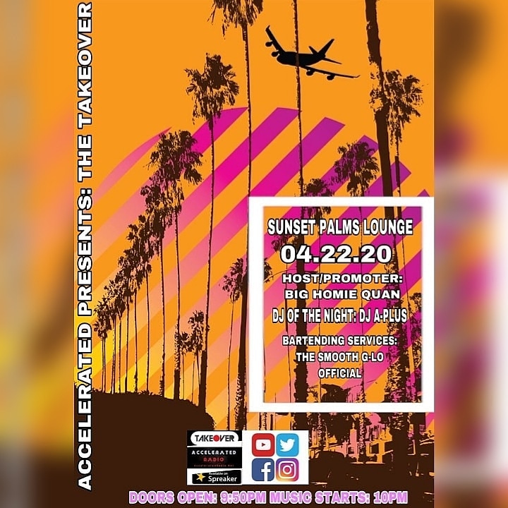 A_PlusLA's tweet photo. TONIGHT 4.22.2020 at 10pm PST you are cordially invited to The #SunsetPalmsLounge presented by the @AccelTakeOver for the #SunsetPalms #Lounge #Top5 #Countdown!!! Download the "Accelerated Radio" app onto your smartphone to tune in LIVE!!! https://t.co/kTQAYuj9f0 https://t.co/zADJXeqQSq