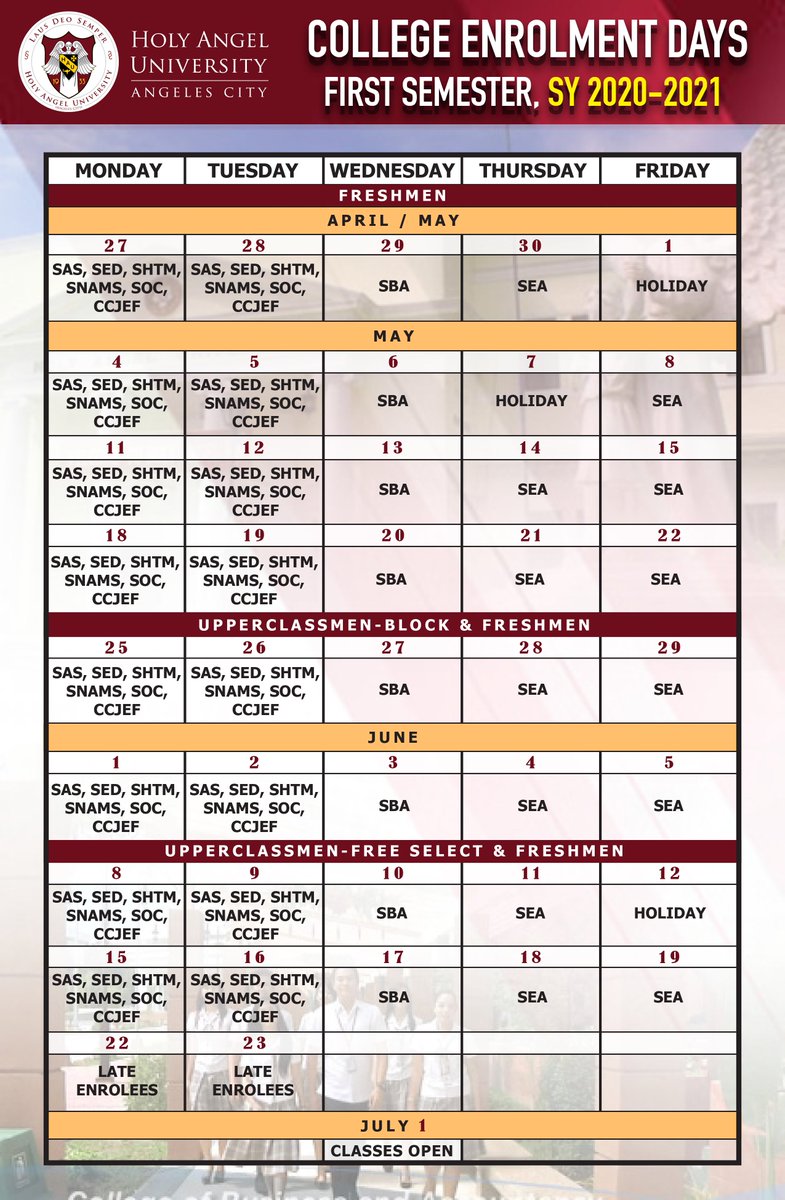Holy Angel University On Twitter Dear Angelites Here Is The Complete Enrollment Calendar For College Students Of The 1st Semester Of School Year 2020 2021 See You Soon Lausdeosemper Https T Co Gpvkwarieb city college 2021 calendar