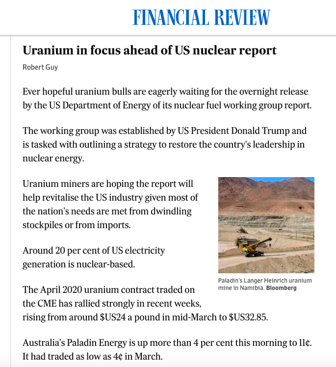 brandon_munro's tweet photo. Even the Australian Financial Review is talking about #uranium. Tonight's (Oz time) scheduled release of the Nuclear Fuel Working Group recommendations will create a new wave of uranium awareness in the general business press. Timing could not be better. https://t.co/nXS1Dc3h4q