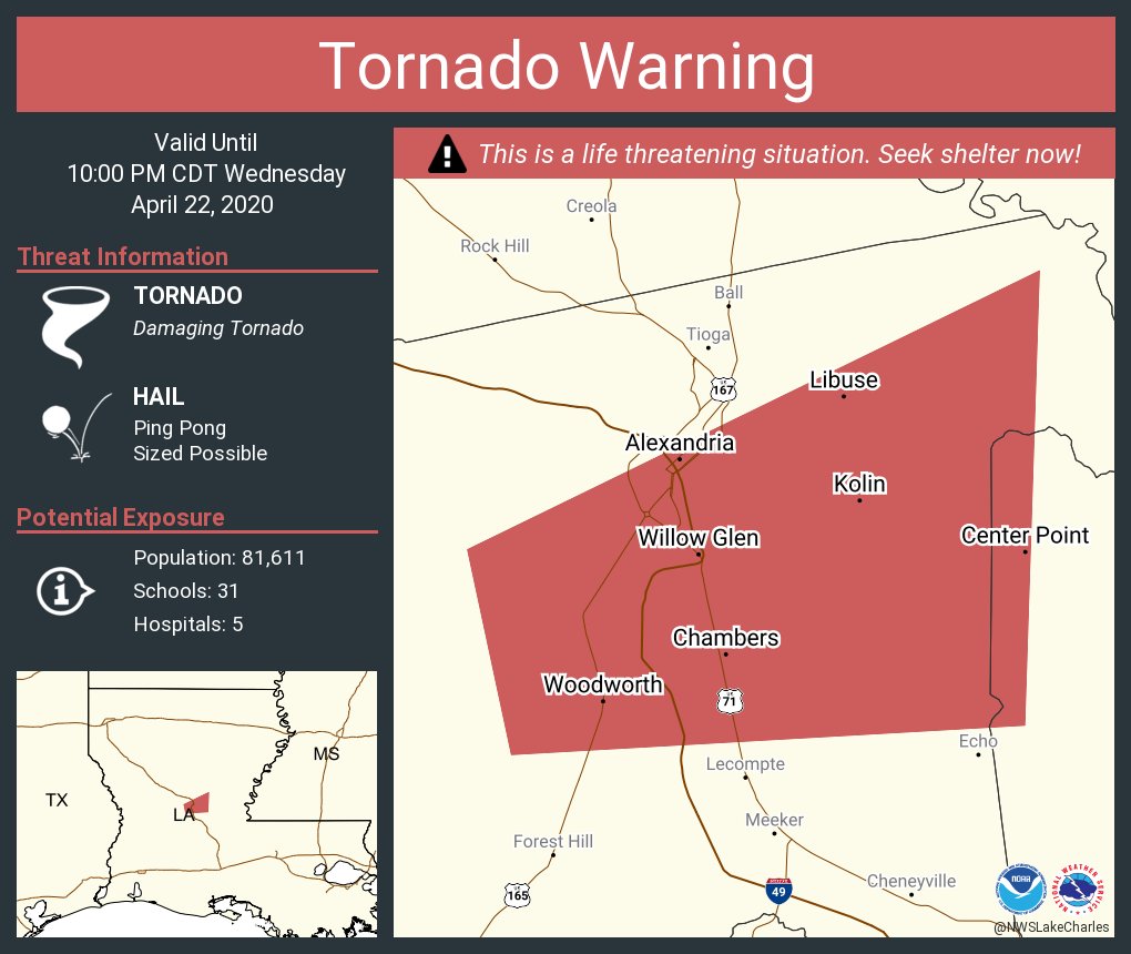 NWSLakeCharles's tweet photo. Tornado Warning including Alexandria LA, Pineville LA, Woodworth LA until 10:00 PM CDT https://t.co/jraELmCi69