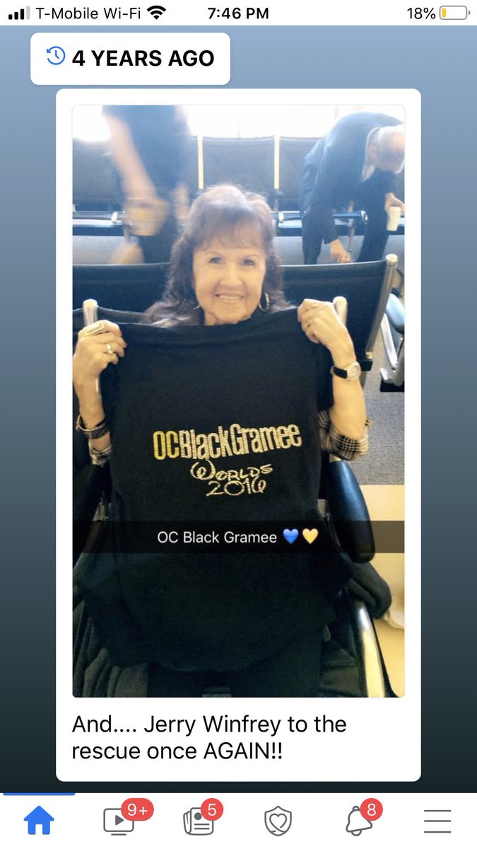colormejodi's tweet photo. Awe 4 years ago leaving for @The_CheerWorlds  and got to the airport and remembered gramee left her special OC Black Gramee shirt at home. @JerryWinfrey to the rescue! She couldn’t go to worlds without it! 💙💛🖤 Always a proud OC gramee! @oc_black_ @OCAllStars_  #missthosedays https://t.co/2USrC1if3T