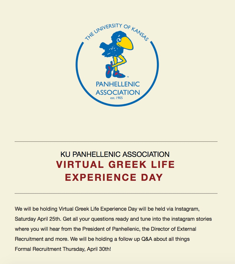 Virtual Greek Life Experience Day coming VERY soon!! April 25th via Instagram <a href="/KUPanhellenic/">KU Panhellenic</a> 's stories!