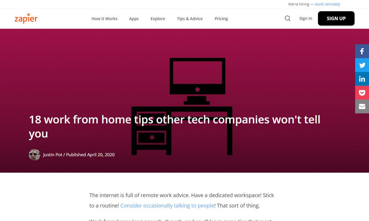 codecidedotnet's tweet image. 18 work from home tips other tech companies won't tell you
#justinpot #screen #staffwriter #name #desk #remotework
via zapier.com
☛ amp.gs/KXOf