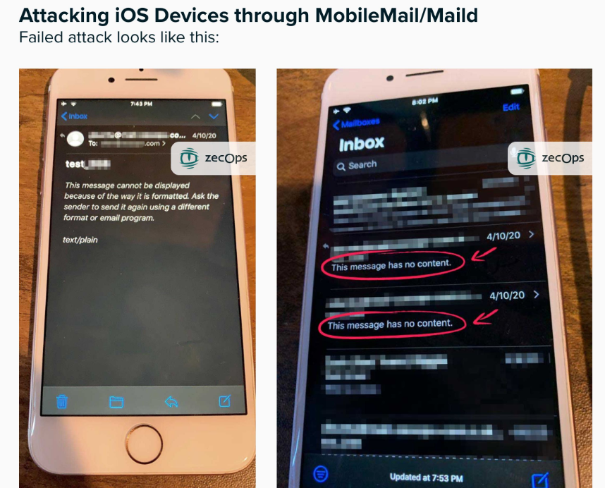 blackorbird's tweet photo. Multiple Vulnerabilities in MobileMail/Maild

The vulnerability allows remote code execution capabilities and enables an attacker to remotely infect a device by sending emails that consume significant amount of memory
#inwild #0day 
report:
https://t.co/J0kH2lYOuJ https://t.co/JGQGkh0Hj7