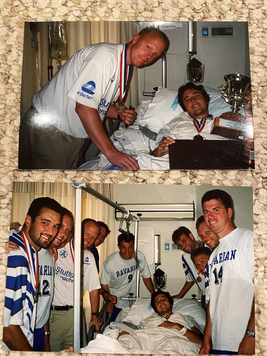 zaisser's tweet photo. Bringing the 2001 National Amateur Cup Trophy/Medal to our teammate Joe Hammes who was in the hospital after a freak injury in the Natl Semi-final that kept him in florida for over 3 weeks 🏆🏆 #bavsnation. I guess this stay at home order does have its benefits🤔 #cleanbasement https://t.co/ah7DybSNXL