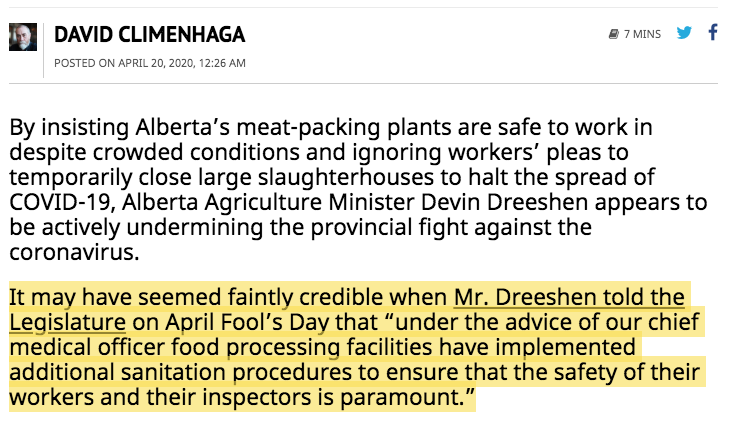 The  #UCP Minister of Agriculture and Forestry told Legislature that the plant was safe. #COVID19AB  #UCPcorruption  #Cargill  https://albertapolitics.ca/2020/04/devin-dreeshens-happy-talk-about-workplace-safety-undermines-the-battle-against-covid-19/