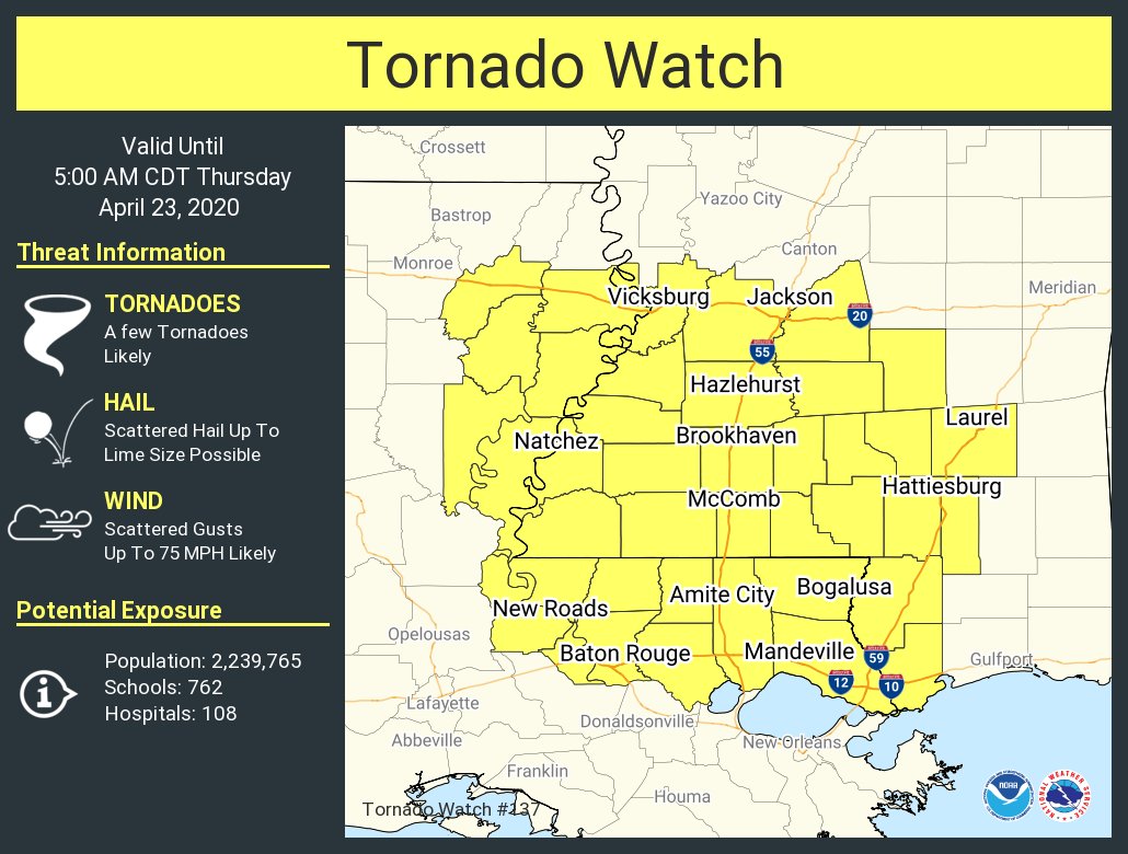 ZacharysWeather's tweet photo. RT NWSNewOrleans: A tornado watch has been issued for parts of Louisiana and Mississippi until 5 AM CDT https://t.co/LX9cIJYyOe