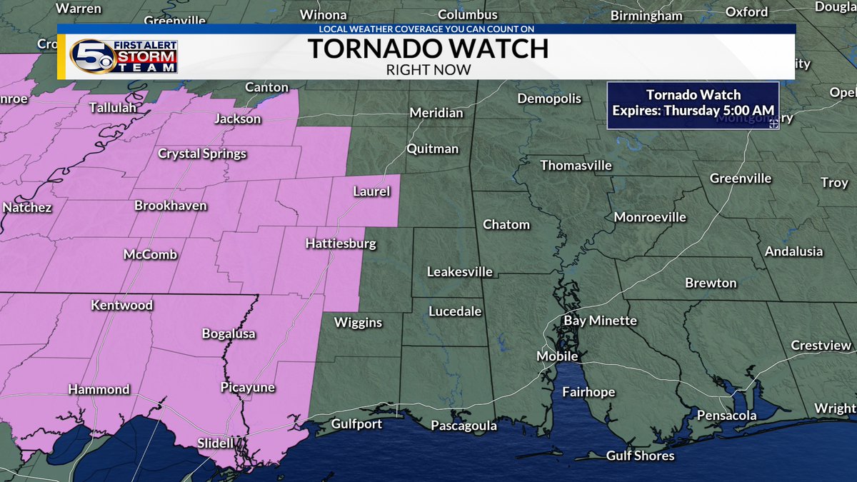 TORNADO WATCH issued for areas west of the <a href="/WKRG/">WKRG</a> News 5 viewing area. This watch goes through 5 AM Thursday morning.
...Stay with <a href="/WKRG/">WKRG</a> for continued updates.