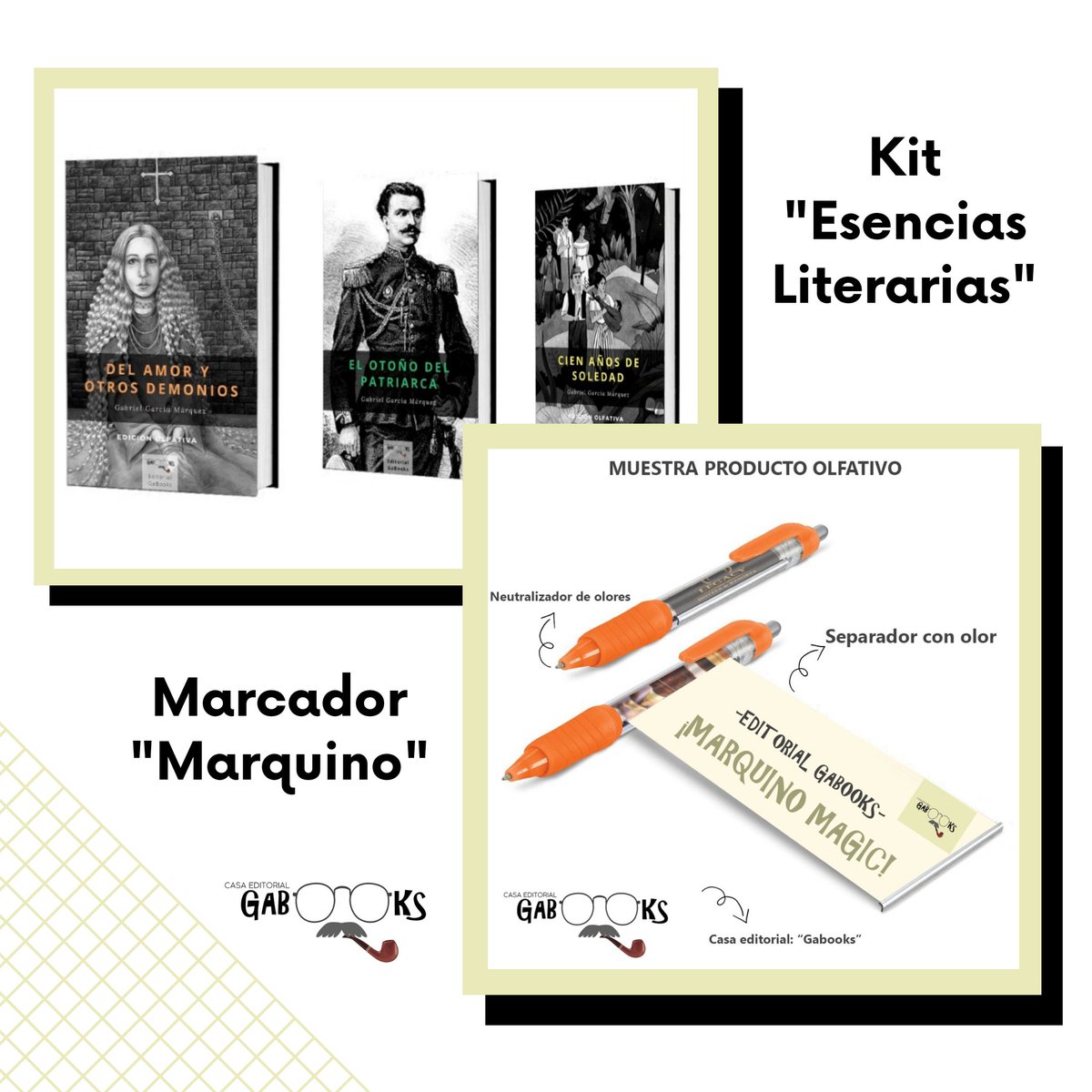 EGabooks's tweet image. Productos literarios innovadores de Editorial GaBooks📚🖊💯🌟 ¡No te quedes sin el tuyo! 
#BoomOlfativo
#Marquino
#KitEsenciasLiterarias