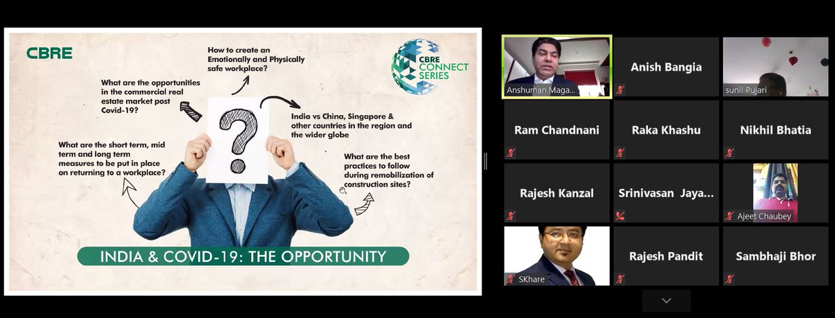 CBRE_India's tweet photo. #CBRELive
@AnshumanMagzine kicks off the first edition of our #CBREConnect series by welcoming our clients to the webinar. The theme of the webinar, 'India and #COVIDー19 - The Opportunity' will delve into what the future hold for our people and our business at large.
#IamCBRE https://t.co/0wSgEOBikF