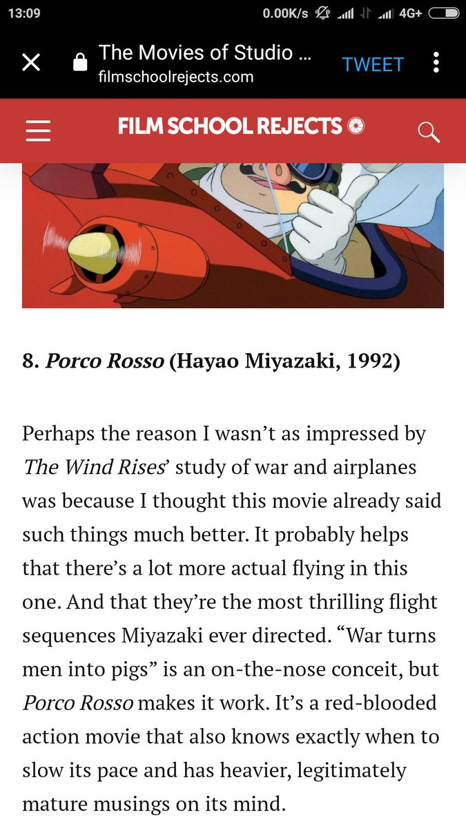 TapiiiiiiiPorco Rosso is in top 10 rank! WohoooEven though some ppl didn't like this movie and say this is a worst Ghibli movie. What??Gile lu bre, ini film dari ide cerita aja udah wholesome. Pilot dikutuk jadi babi. Dan scene perang pesawatnya oke bingit 