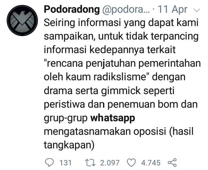 Polanya sudah kami kicaukan sejak 11 april lalu

Sengaja membuat jebakan untuk menangkap

Waspadalah sebaran lewat pesan Whatsapp atau WAG

Penguasa mulai cari cara gebuk dan tangkap memaksakam skenario seperti Anarko