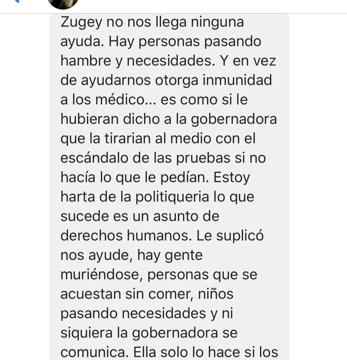 ZugeyLamela's tweet image. “No tenemos ninguna ayuda. Ni desempleo, ni cupones, ni para gasolina. Los $340 que gano tienen que rendir para pagar comida por 15 días para los tres. Tengo miedo...Ayuda!”, ese mensaje lo recibí hoy a las 10:17pm.