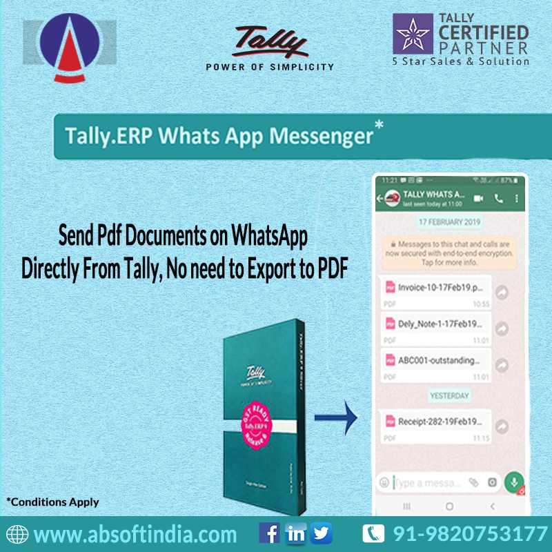 AbsoftSolutions's tweet image. Now Send PDF Documents Directly From Your TALLY.ERP9 
To know More Visit- bit.ly/2vKMHxf
#tallygst #BusinessNonStop #absoftsolutions  #tallysilverpartner #tallyrenewal #tallysupport #tallyAMC #tallyerp9 #tallysoftware #tallypartnermumbai #tallypartnernavimumbai #tallyerp