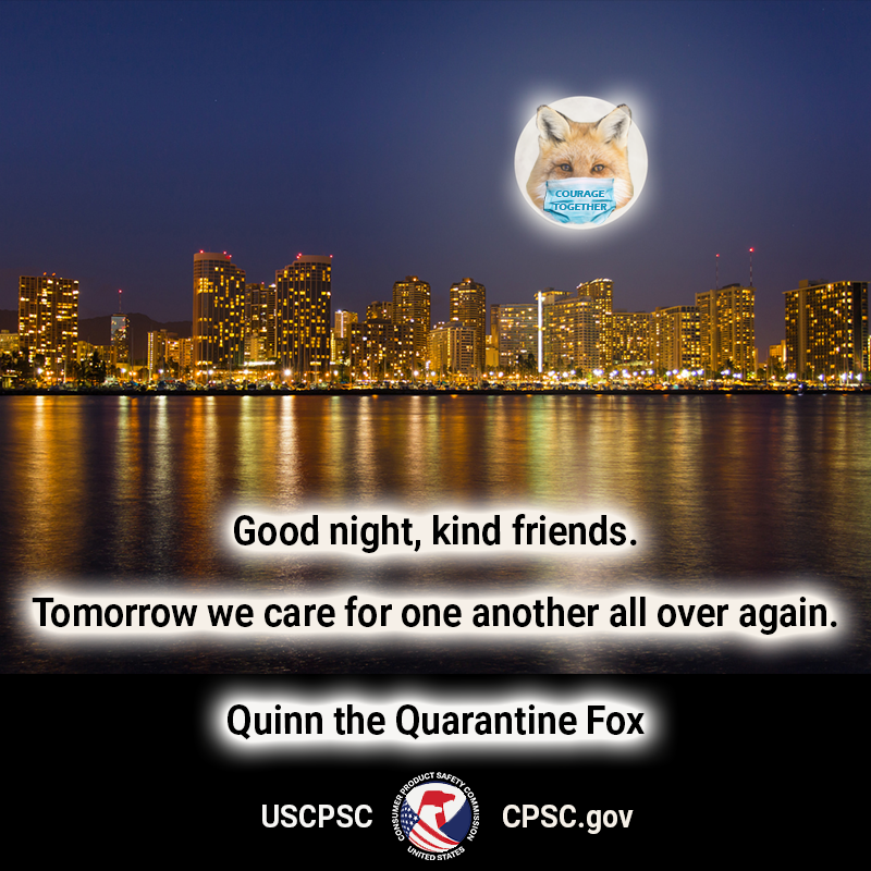 A fox in the moon over hawaii. The text reads good night kind friends tomorrow we care for one another all over again. Quinn the quarantine fox.