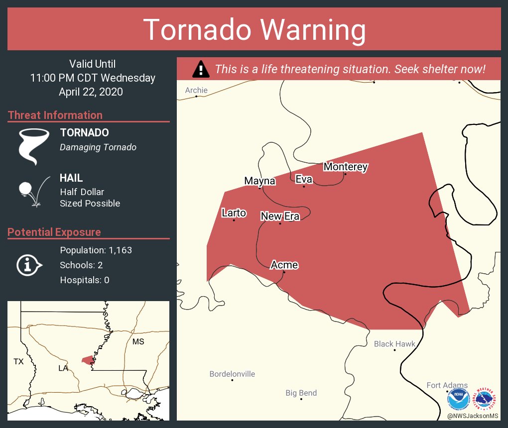 NWSJacksonMS's tweet photo. Tornado Warning continues for Monterey LA, Larto LA, Mayna LA until 11:00 PM CDT https://t.co/gRjgZtQFDG